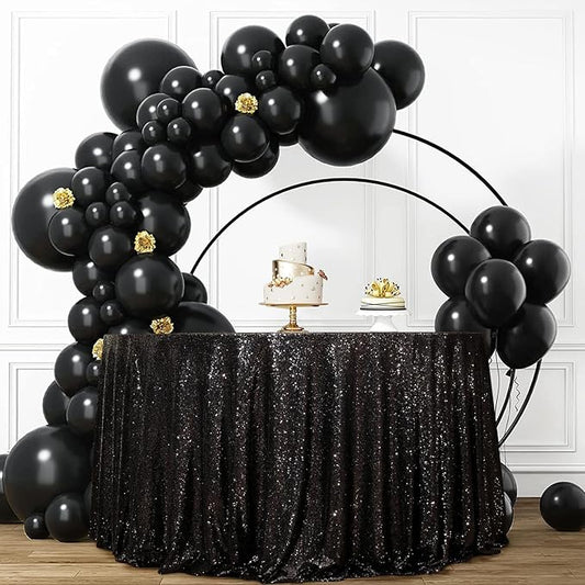 PartyDelight Black Sequin Tablecloth Round 108" Table Linen for Dessert, Party, Banquet