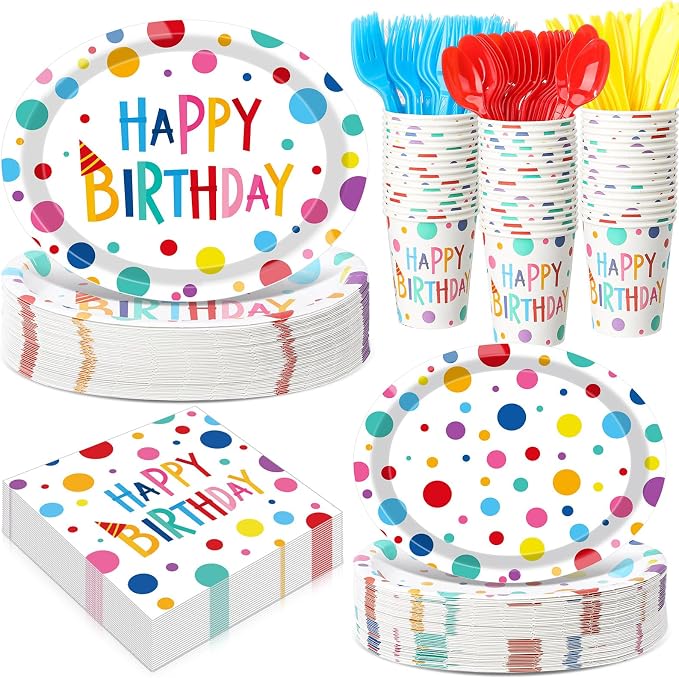 Pajean 350 Pcs Happy Birthday Party Supplies Oval Paper Plates Set with 12 inch Disposable Birthday Oval Plates and Napkins Colorful Dots Design Heavy Duty Paper Dinnerware Set for 50 Guests