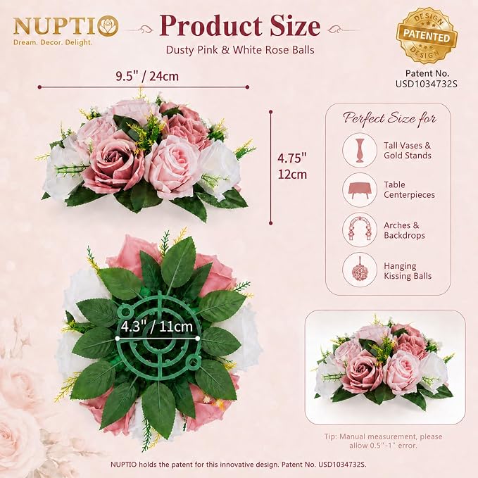 NUPTIO Flower Balls for Table Centerpieces: Dusty Pink & White Fake Flowers | 2 Pcs 9.5 inch Diameter, Artificial Rose Bouquet Arrangements, for Wedding, Birthday Party, Bridal Shower Decorations