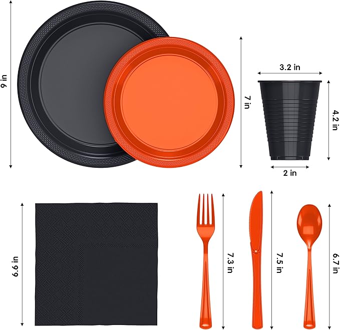 350 Pcs Orange & Black Plastic Plates For Party, Orange & Black Disposable Plates Set, 50 Of Each 9" Dinner Plate Set, 7" Dessert Plate, Cups, Napkins & Cutlery Plastic Dinnerware Set Exquisite