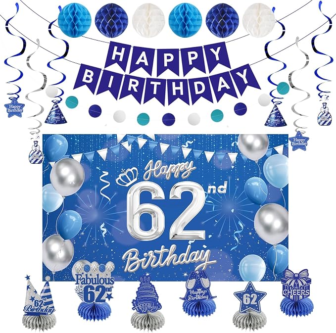 Happy 62nd Birthday Party Decoration: Including Birthday Banner Backdrop, Party Table Centerpieces and Hanging Swirl Party Streamers, Birthday Decor for Men and Women (Blue, 62nd Birthday)