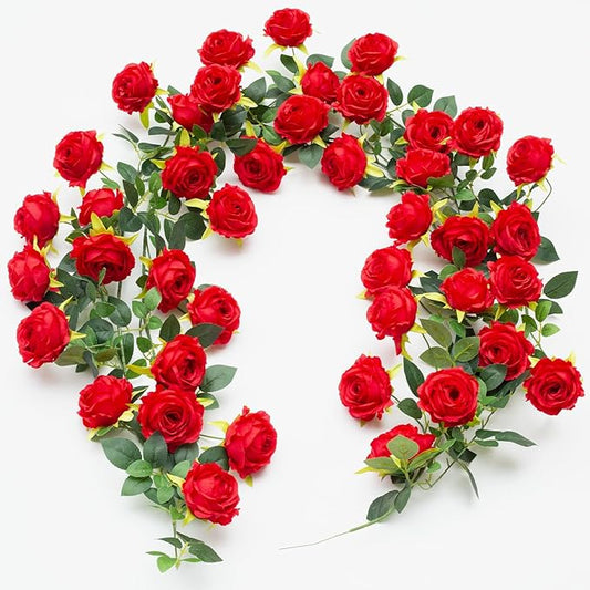 2Pcs 12Ft Bendable Artificial Flower Garland Faux Rose Vine Hanging Floral Garland for Wall Decor Trellis Fence Home Room Garden Wedding Decoration(Red, 2pcs)