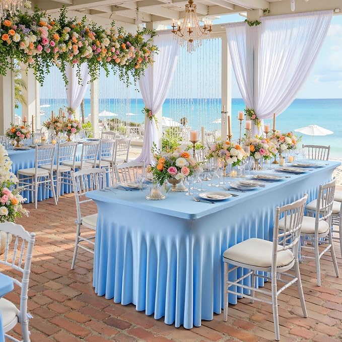 2 pk Baby Blue Spandex Tablecloth 8ft With Ruffle Table Skirt, Wrinkle Free Stretchy Fitted Tablecloths for 8 Foot Rectangle Tables, Elastic Spandex Table Covers for Weddings Parties Banquet Craft