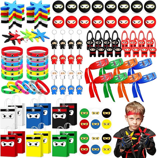 24 Guests 192 Pcs Ninja Party Favors Include Ninja Paper Bags Bouncy Balls Throwing Favors Flying Slingshot Headbands Silicone Bracelets Keychains Stickers for Birthday Party Supplies