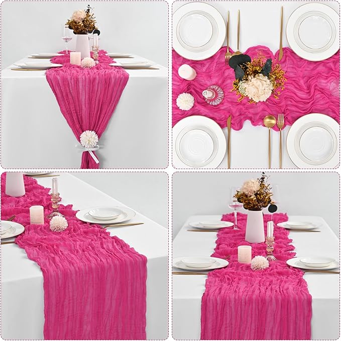 6 Pcs Hot Pink Cheesecloth Table Runner 10FT, Gauze Table Runner for Wedding Reception Sheer Bridal Shower Birthday Party Boho Table Decoration, Rustic Romantic Wedding Runner