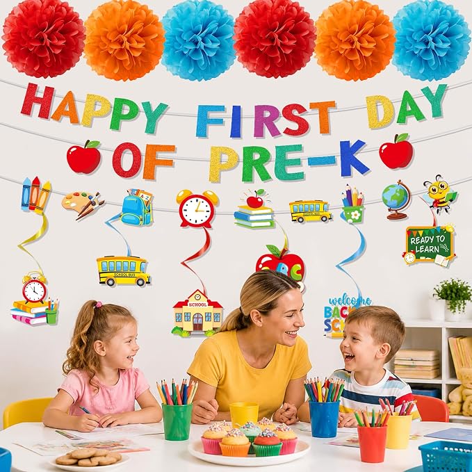 First Day of Pre-K Decorations - 15PCS First Day of Preschool Party Banners Hanging Swirls Paper Pompoms Decor, Back to School Classroom Decor Supplies
