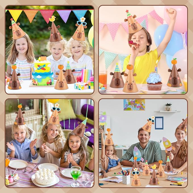 24Pcs Capy Themed Bara Birthday Paper Cone Hats Set Cute Capy Shaped Paper Headwear Party Favors Cute Capy Cone Hats Decorations Cartoon Animal Party Supplies Photo Props for Birthday Baby Shower