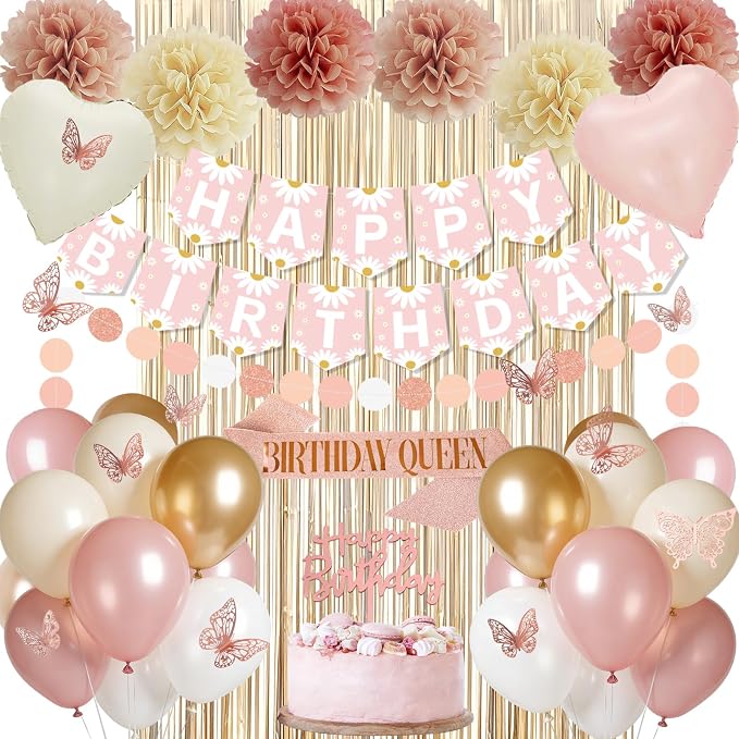 54Pcs Blush Beige Birthday Decorations, Birthday Decorations for Girls Boho Birthday Decorations with Flower Banner Balloons Sash Fringe Curtain Paper Pompoms Pink Birthday Decoration for Women