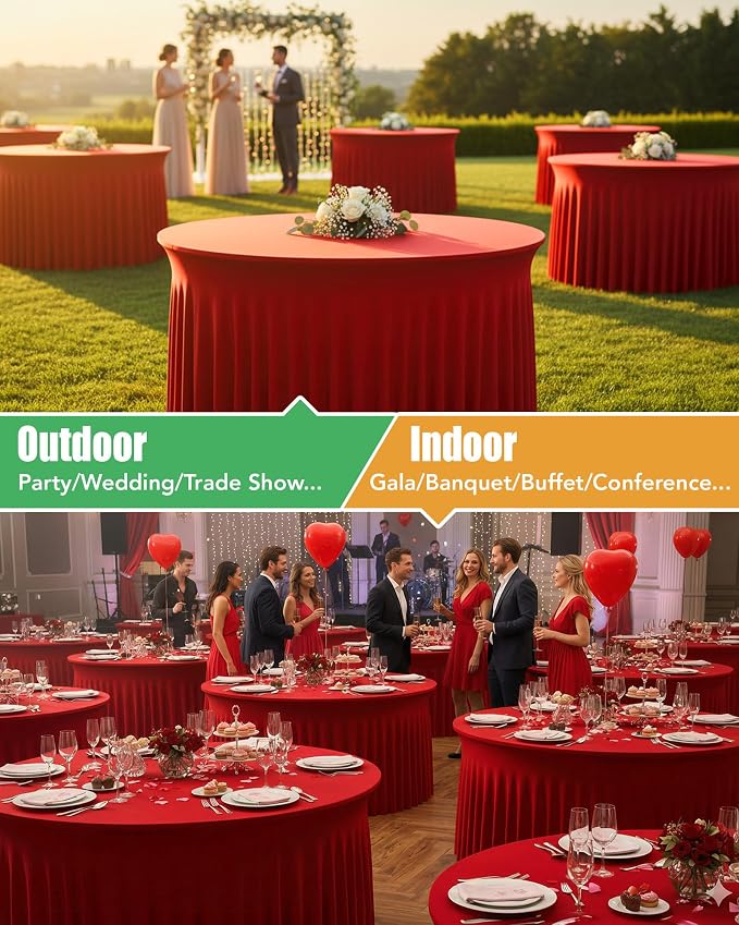 6 Pack Spandex Table Cover Skirts for 60 inch Round Tables, Red Stretch Table Cloths with Floor-Length Ruffle, Elastic Fitted Skirted Tablecloth for Elegant Wedding Banquet Party Buffet Decoration
