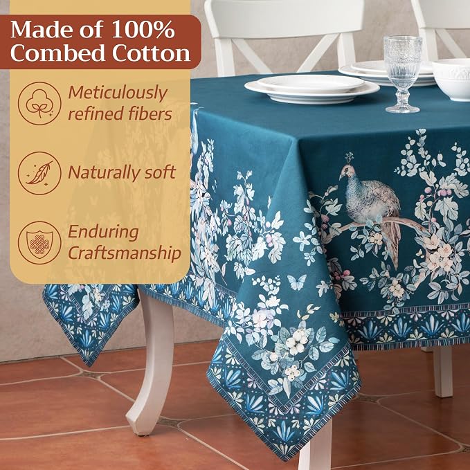 Maison d' Hermine Premium Table Cloth Rectangle Table 100% Combed Cotton 140 x 70 Inches Tablecloth Reusable Decorative for Dining Room, Farmhouse, Party, Festive & Wedding - Peacock Utopia - Deep Sea