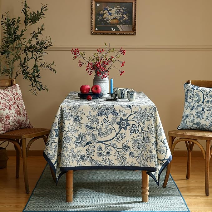 ISAENNE Designer Vintage Linen Rectangular Tablecloth,87"x55"-Ruyi B | French Elegant Table Cloth Rectangle Table,Blue Floral Pattern,Decor,Heavyweight,Dining,Kitchen,Tea Party,Thanksgiving