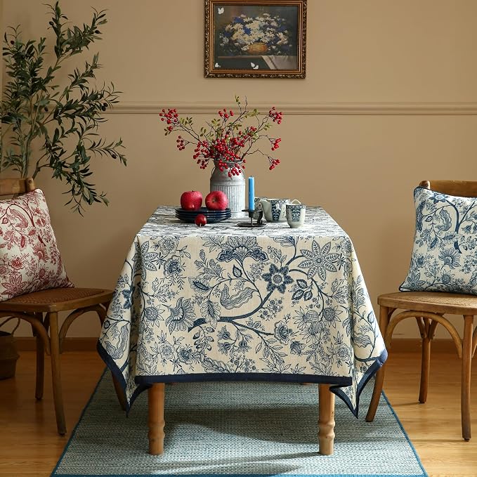 ISAENNE Designer Vintage Linen Rectangular Tablecloth,71"x55"-Ruyi B | French Elegant Table Cloth Rectangle Table,Blue Floral Pattern,Decor,Heavyweight,Dining,Kitchen,Tea Party,Thanksgiving