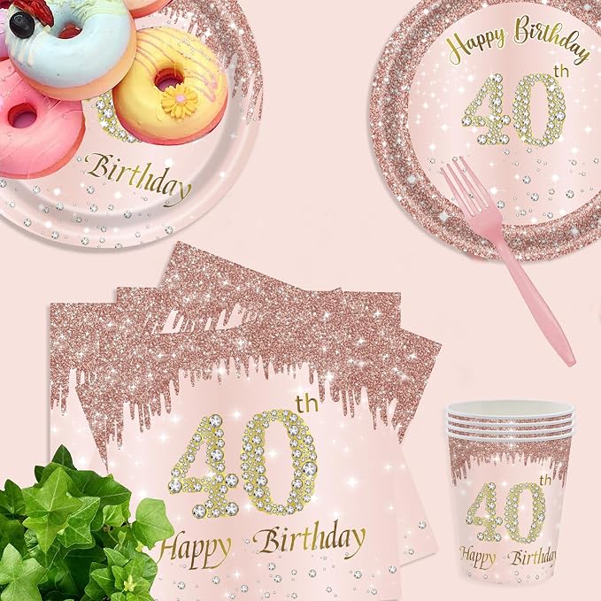 121Pcs 40th Birthday Party Supplies Plates Napkins Cups Forks Tablecloth Rose Gold Happy 40th Birthday Themed Disposable Tableware Decorations Serves 24 Guests for Women 40 Years (40th rose gold)