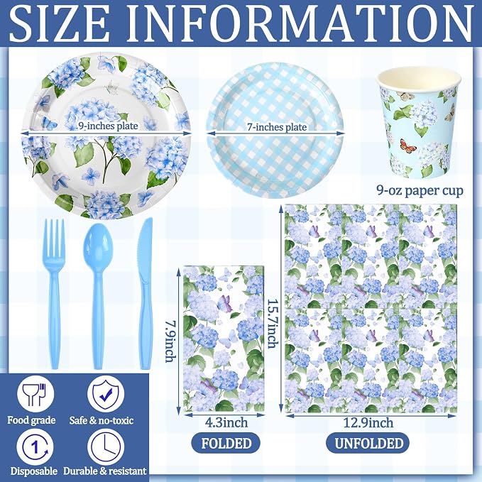 Sinmoe 400 Pcs Summer Hydrangea Floral Plates and Napkins Set Blue Flower Dinnerware Disposable Party Supplies for 50 Guest Dinnerware Knife Fork Spoon for Summer Hydrangea Birthday Party Decoration