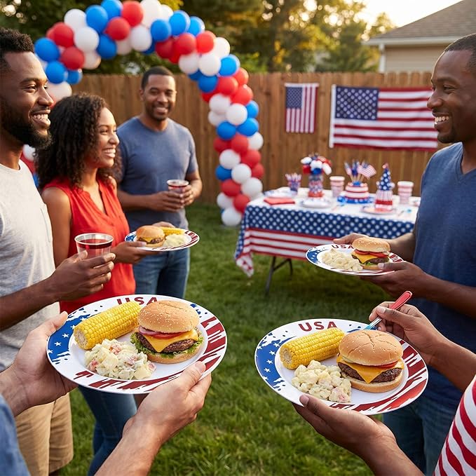 Goodluck 4th of July Plastic Plates, 100Pcs Patriotic Red White and Blue Party Supplies with USA Flag Design, Includes 50 10" Dinner & 50 7.5" Dessert Plates for Independence Day Memorial Day
