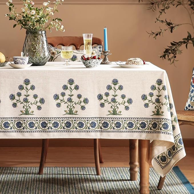 patdrea Vintage French Linen Tablecloth,Square,55"x55"-Ivar B | Elegant Table Cloth for Square Table,Blue and White Floral Patterned,Dining Room,Tea Party,Thanksgiving Decor