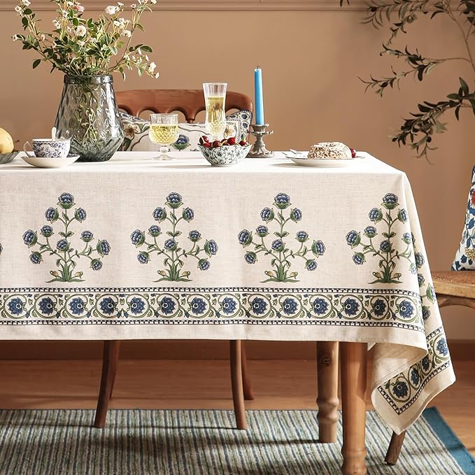 patdrea Vintage French Linen Tablecloth,Rectangular,118"x67"-Ivar B | Elegant Long Table Cloth for Rectangle Table,Blue and White Floral Patterned,Dining Room,Tea Party,Thanksgiving Decor