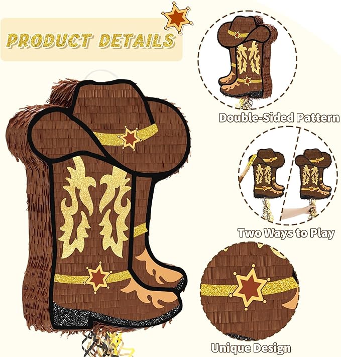 WERNNSAI Western Cowgirl Boot Piñata - Cowboy Hat Piñata Game Western World Theme Party Decorations for Adults Kids Birthday Farm Horse Rodeo Party Supplies with Bat Blindfold
