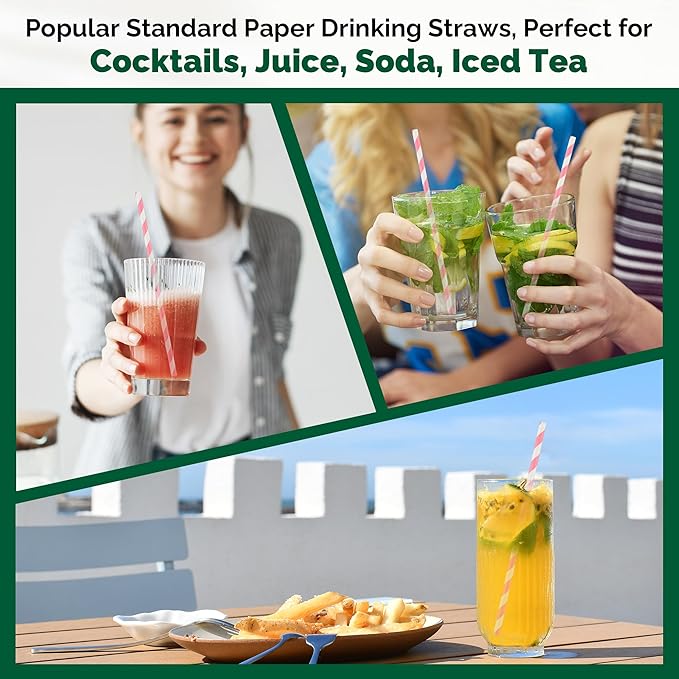 [1000 Count] Chunspak Pink and White Striped Paper Drinking Straws Bulk, 7.75" x0.24", Unwrapped - Biodegradable and Compostable