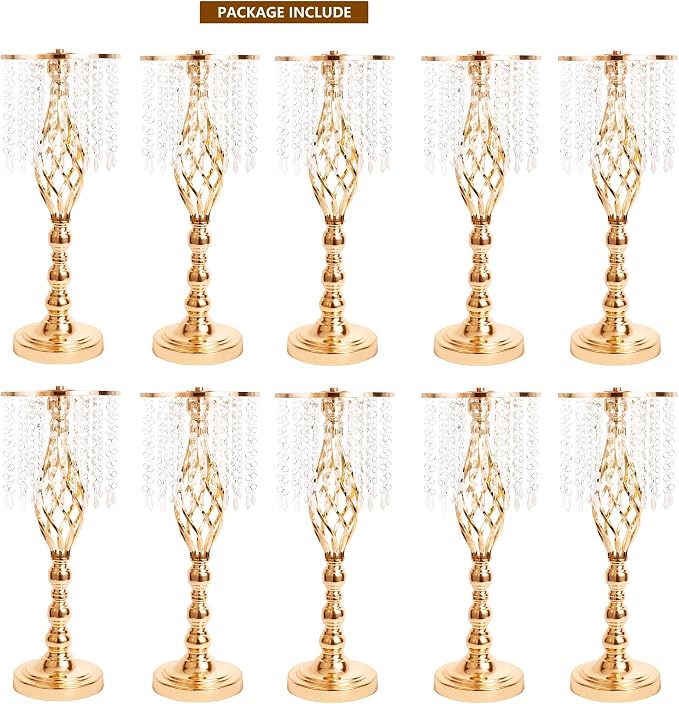 10pcs Gold Metal Flower Vases Crystal Flower Stand Wedding Centerpieces for Tables Party Dinner Event Restaurant Hotel Decoration
