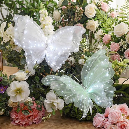 Yinkin 2 Pcs 20 Inch Large LED Butterfly Decorations Mariposas Grandes para Decoracion Giant Light up 3D Butterflies for Wedding Birthday Party Baby Shower Decor(Green, White)