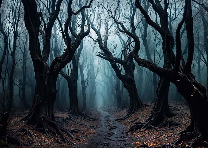 10x8ft Halloween Forest Backdrop Haunted Mist Forest Witch Creepy Scene Dark Pathway Scary Trees Spooky Foggy Woods Background for Halloween Birthday Party Decorations Photo Booth Studio Props