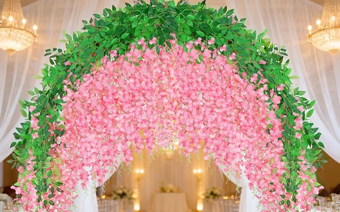 25 Pack Pink Artificial Wisteria Hanging Flowers,Fake Hanging Wisteria Garland for Decoration (3.6 Ft/Pcs)