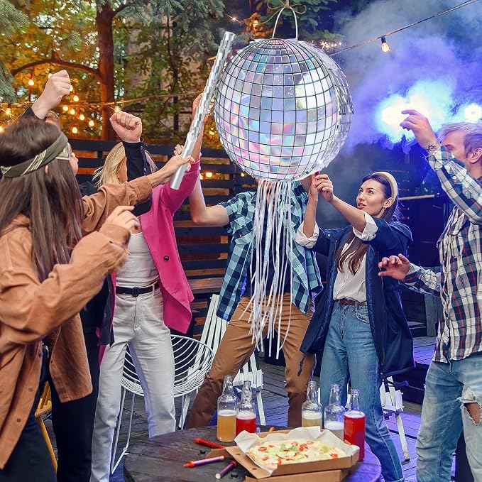 WERNNSAI Disco Ball Piñata - Disco Party Decoration for Adult Birthday Party Supplies Hanging Disco Piñata with Bat Blindfold Mirror Roller Skating Pull String, 12.2” x 12.2”
