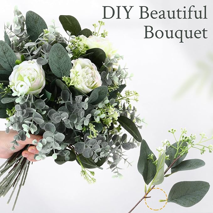 Janinka Mixed Eucalyptus Leaves Stems Bulk with White Seeds Artificial Silver Dollar Leaves Sprays Faux Oval for Wreath Garland Floral Bouquets Arrangement Wedding Greenery Decoration (260)