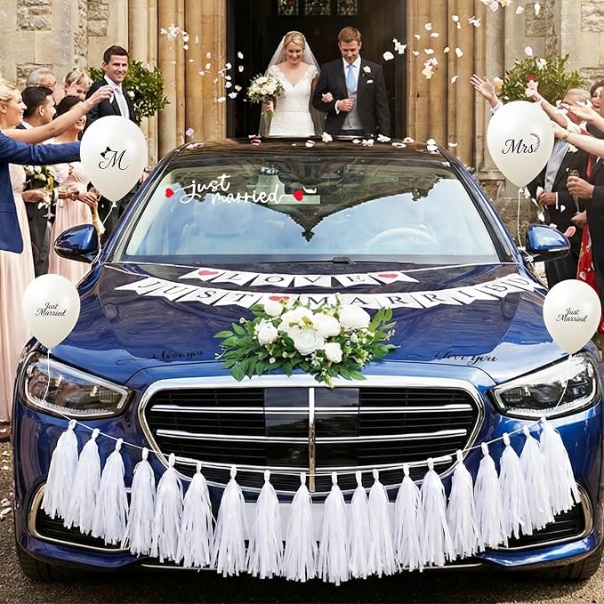10 Pcs Upgraded Just Married Car Decoration Kit – Elegant Flower Garland Wedding Car Decor with Banners, Tassel & Sticker, Mr & Mrs Balloons, Romantic Accessories for Ceremony, Party & Bridal Shower