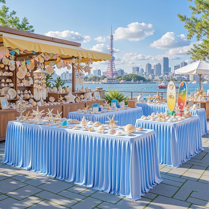 Blue Satin Tablecloths Rectangle 8FT, Glitter Spandex Fitted Stretch Table Covers Wrinkle-Free Floor Length Shimmer Table Skirt for Weddings Parties Baby Shower Banquets Vendor Events