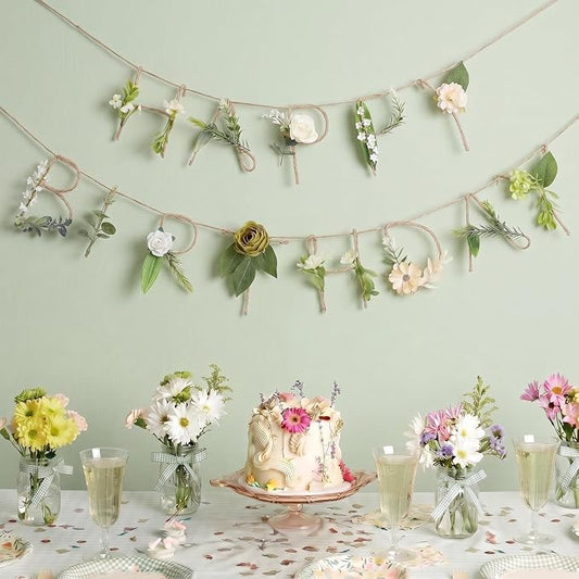 Norme 2 Pcs Green Leaves Birthday Party Decorations Banner Metal 3D Wildflower Happy Birthday Garland Garden Spring Tea Fairy Party Decorations for 16 21st 30th 40th 50th 60th 70th