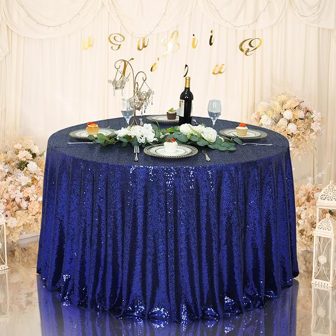Eternal Beauty Navy Blue Tablecloth, 120 Inch Round Sequin Tablecloth for Party Cake Dessert Table Exhibition Events