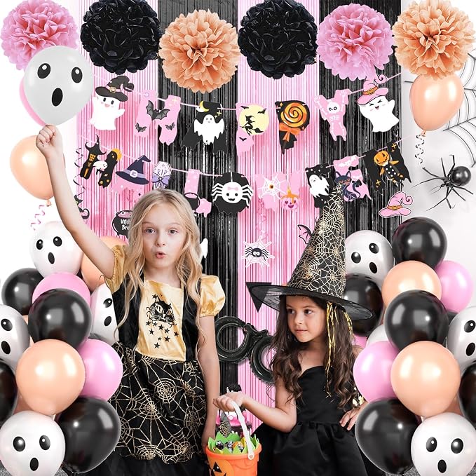 Pink Halloween Party Decorations Set,Include HAPPY HALLOWEEN Banner,Foil Balloons,Cute Hanging Swirl,Fringe Curtain,Paper Pompoms Indoor Outdoor Halloween Party Supplies