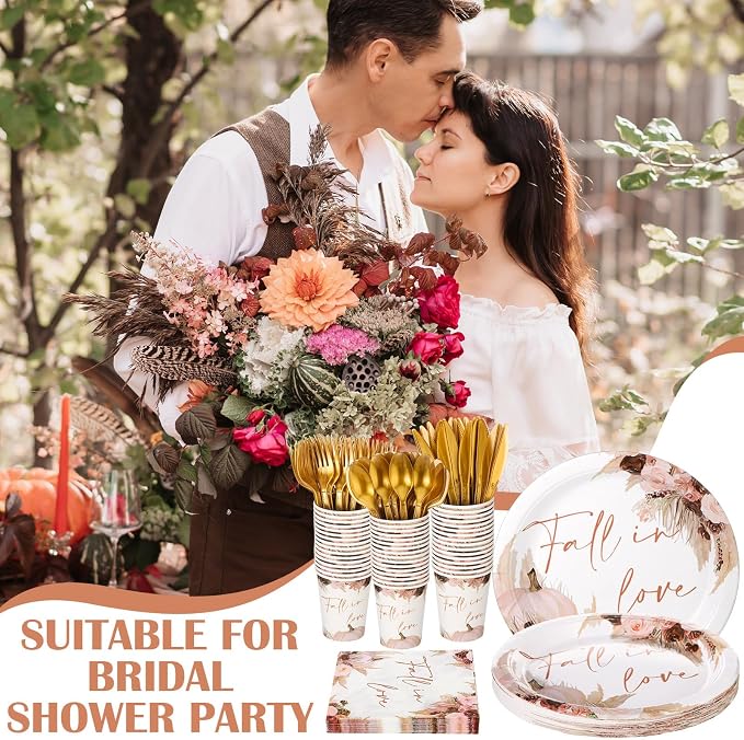 Shellwei 350 Pcs Fall in Love Bridal Shower Decorations Floral and Pumpkin Paper Plates and Napkins Set for 50 Guest Disposable Flower Paper Cups Knifes Forks Spoons for Fall Wedding Party