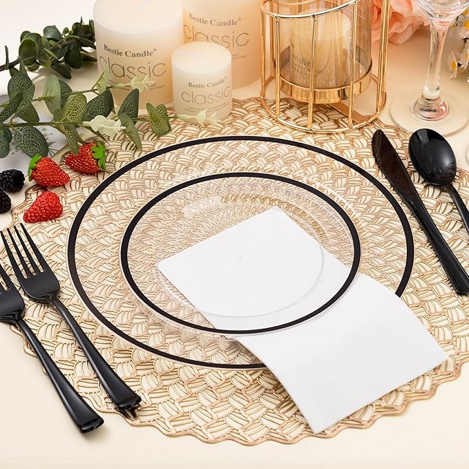 BESTSTAR 100PCS Black and Clear Plastic Plates, Black Disposable Plate Set with 50 Dinner Plates and 50 Dessert Plates for Party, Halloween, New year