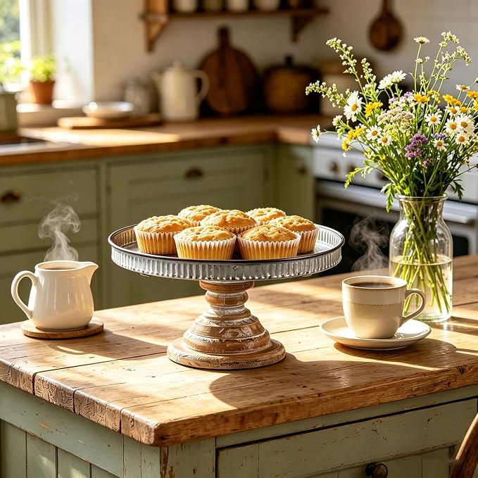 SOFE Rustic Galvanized Metal Cake Stand, Cupcake Stand Rustic Round Dessert, Appetizer Display Riser Stand with Wood Base Table Centerpiece for Wedding, Birthday, Party, Dining Room Kitchen Supplies