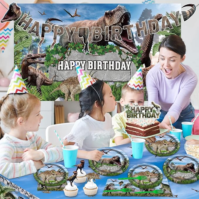 189 Pcs Dinosaur Birthday Party Supplies Set Dinosaur Party Decorations Kit Dinosaur Plates for Birthday Party Includes 24 Guests Tablecloth Backdrop Banners Cake Topper Baby Shower Kids Party Favors