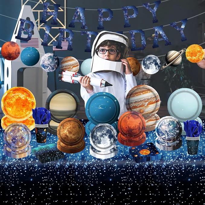 Space Theme Party Decorations 142Pcs Galaxy Planet Outer Space Disposable Plates and Napkins Cups Tablecloth Banner Knives Forks Spoons for Kids Space Solar System Planets Birthday Party Supplies