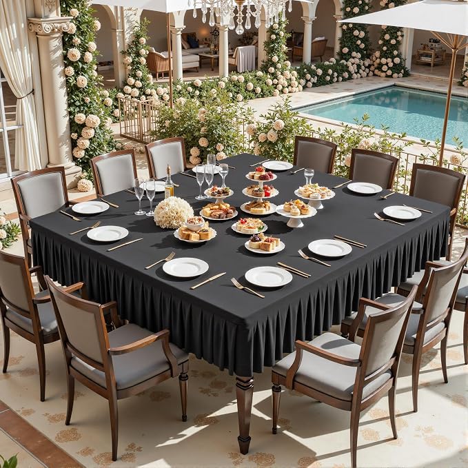 Wish Care Black Spandex Tablecloths for 60x60 Inch Square Tables, Stretch Fitted Table Clothes with Pleated Ruffle Skirt for 60” Table, Wrinkle Free and Elastic, for Party Kitchen Home Dining