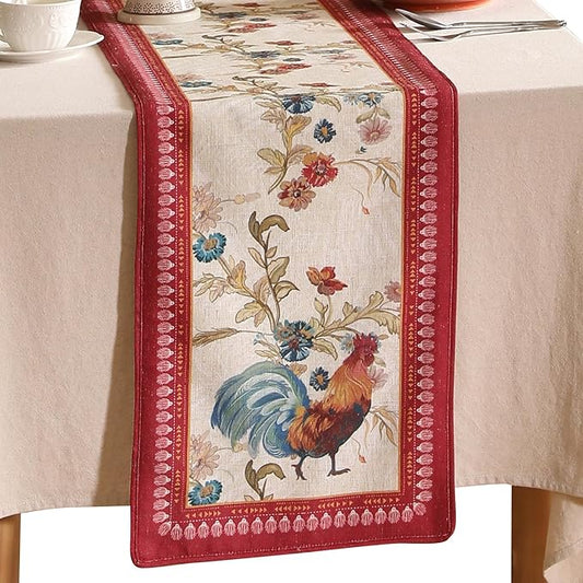 patdrea Designer Farmhouse Linen Table Runner, Rustic Cottage Mauve with Rooster and Floral Pattern Fabric Table Mat, Decoration for Kitchen Dining Coffee Table Banquet Christmas , 12"*102"