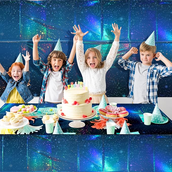 100Feet X 54 Inch Roll Iridescent Space Tablecloths Disposable Plastic Blue Galaxy Table Cloth Rectangle Roll Table Covers for Space Starry Night Star Theme Party Birthday Party Decorations