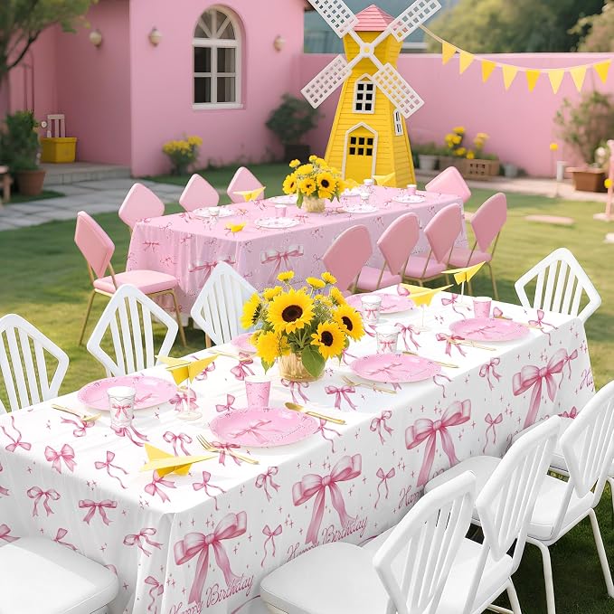 Pink Bow Happy Birthday Decorations Set for 24: Bachelorette Party Supplies Kit with Dinner & Dessert Plates, Napkins, Cups, Banner, Tablecloth - for Women's Tea Birthday Party Decorations
