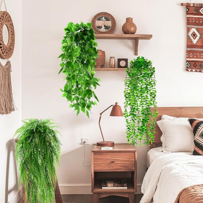 Daifunli Artificial Hanging Plants Fake Hanging Ferns Plastic Fake Plants for Wall Room Garden Garland Indoor Outdoor Decor No Basket (4 Pcs,Boston, Eucalyptus, Ivy Vine, String of Pearls)