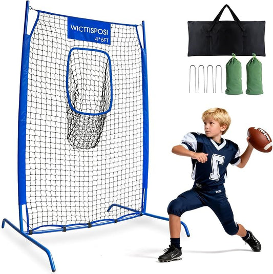 Football Throwing Net, Upgrade Heavy Duty Metal Frame Quarterback Training Equipment Throwing Machine with 1-4 Targets, Easy Setup Football Target Practice with CarryBag, Allweather Indoor Outdoor Use
