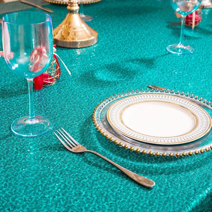 Juya Delight 90" x 132" Teal Sequin Rectangle Tablecloth for Wedding Birthday Party Festival Ceremony Cake Dessert Table