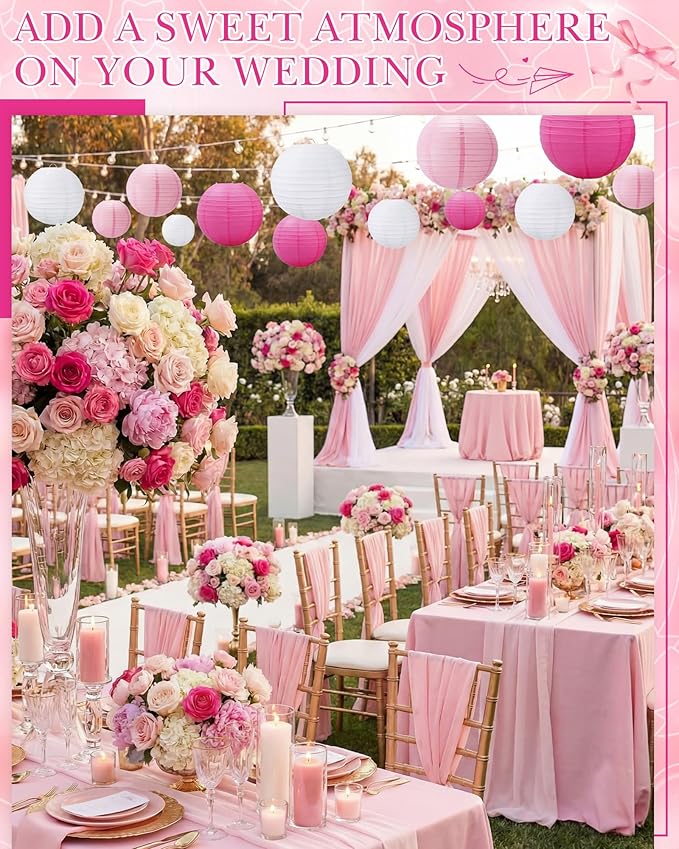 Treela 48 Pcs Paper Lanterns Party Decorations Chinese Round Paper Decor 4/6/8/10 Inch Asian Hanging Lamps Decorative for Birthday Party Wedding Bridal New Year Supplies(Pink,White)