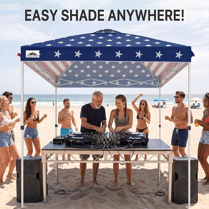 EAGLE PEAK Pop Up Canopy Tent with Wheeled Carry Bag, 8 Stakes, 4 Ropes, Easy Set Up Tent Canopy, 8x8 ft, American Flag