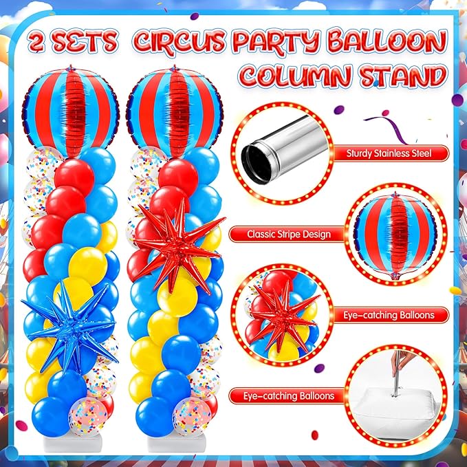 2 Sets Carnival Balloon Column Stand Kit Circus Theme Birthday Party Supplies Including Red Blue Yellow Balloon Garland Arch Kit for Birthday Carnival Theme Decorations