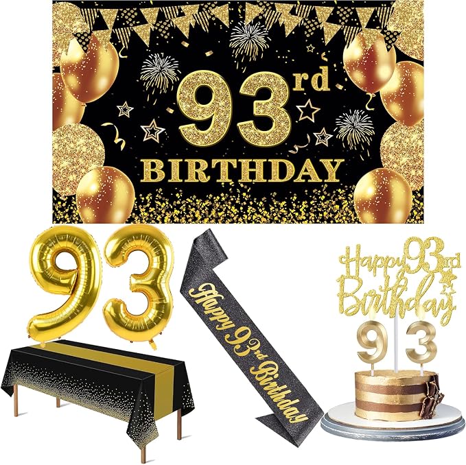 93rd Birthday Decorations Men Women with 93rd Birthday Banner, Black and Gold Table Cloth, Number Balloons, Sash, Cake Topper and Candles